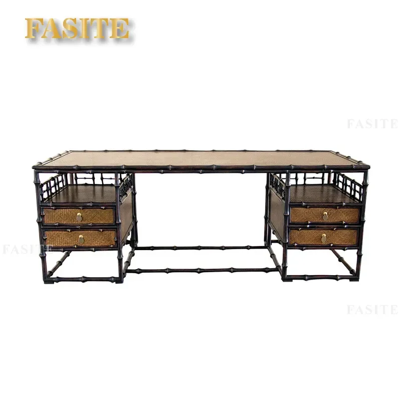 New Chinese Bamboo Desk Storage Tea Table Chair Combo Office  Computer Table Natural Wood Modern Home Workspace Furniture