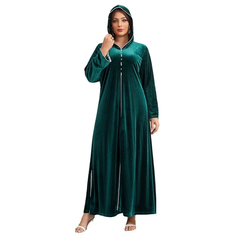 

Plus Size Turkish Tunic Split Cardigan Muslim Velvet Outwear Abaya Dubai with Hood Long Sleeves Beaded Embellishment for Women