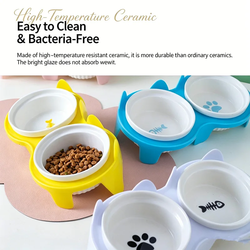 Multi Color Raised Cat Food Bowl Slanted Ceramic Double Bowls Non Slip Stand Anti Black Chin Pet Feeding Bowl for Indoor Cats