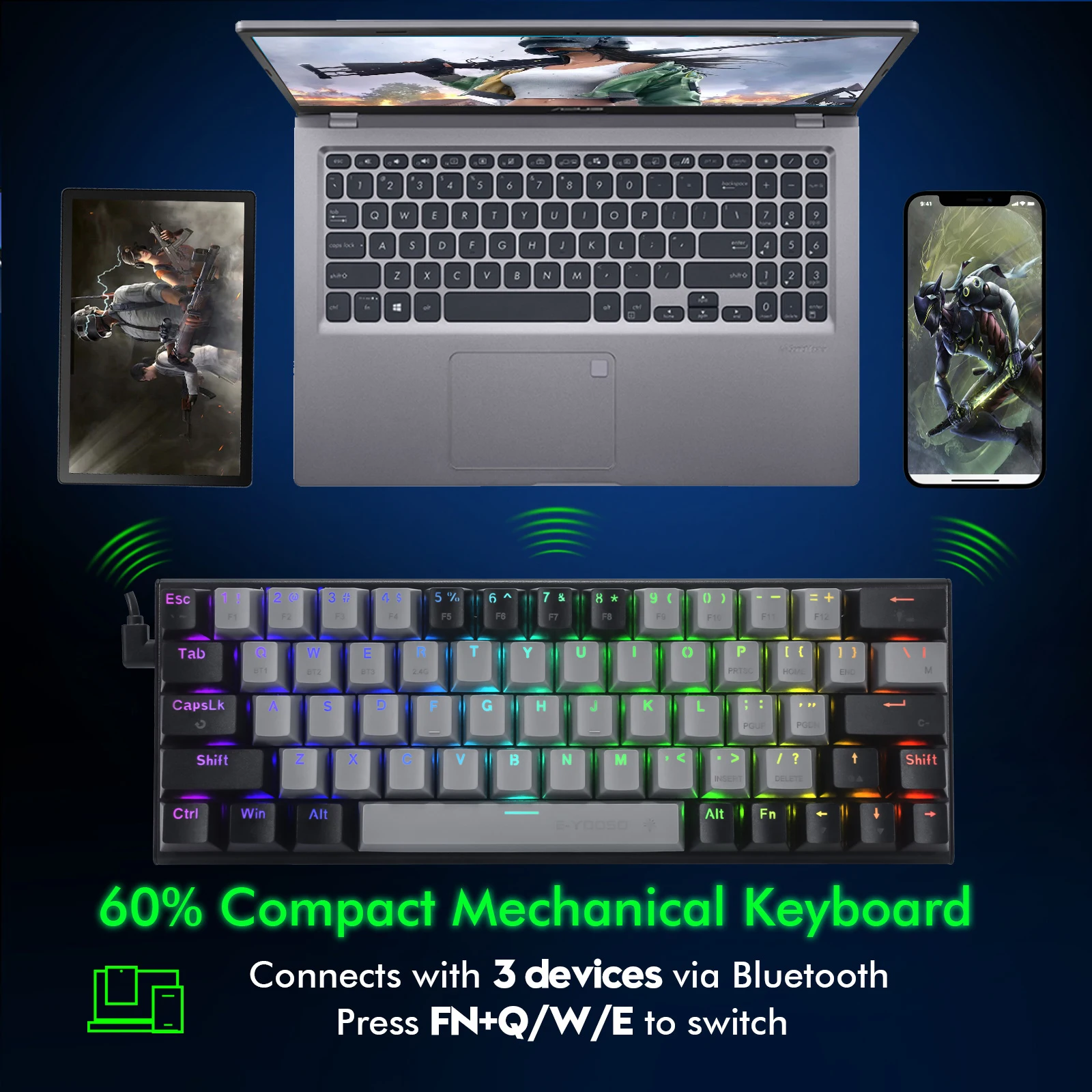 HUOJI Z11 63คีย์ RGB Mechanical Gaming Keyboard สนับสนุน Bluetooth/ไร้สาย2.4G/USB 3โหมดสีแดงสำหรับ PC,แล็ปท็อป,Mac OS