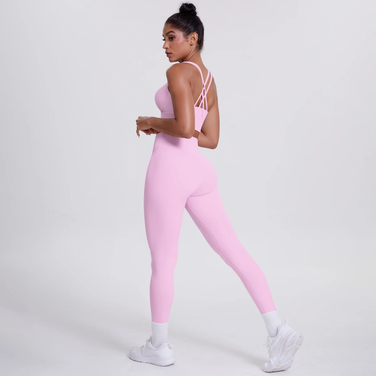 2 Pieces Solid Color Cross Bra and Yoga Pants Set Summer Breathable Training Sports Fitness Clothing Quick Drying Pants Yoga Set