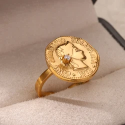Vintage Zircon Goddess Portrait Coin Rings For Women Men Gold Color Stainless Steel Medal Ring Celebrity Fashion Jewelry bijoux