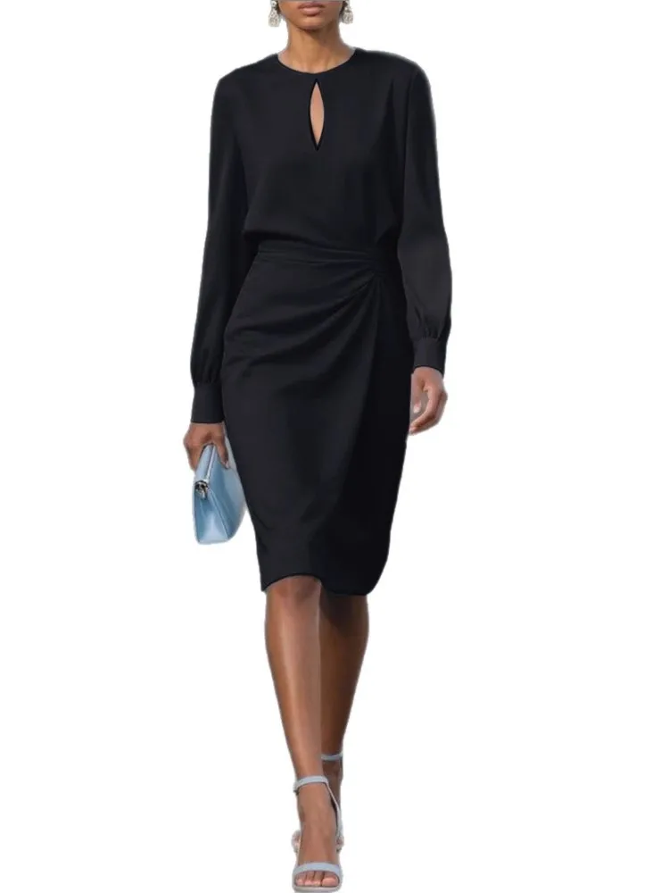 Damska wiosenna sukienka z długim rękawem, modna, z dekoltem typu O, z wycięciami, plisowana w talii, sukienki na jesień, eleganckie sukienki na przyjęcia dla kobiet.