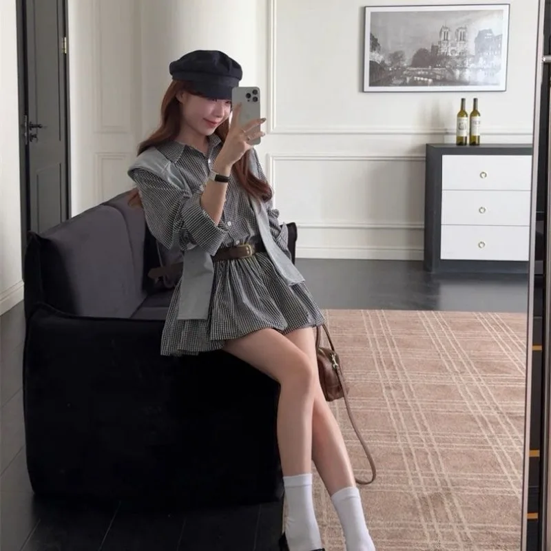 الكورية نمط شال منقوشة قميص اللباس المرأة أوائل الخريف تصميم جديد سليم مطوي تنورة #3