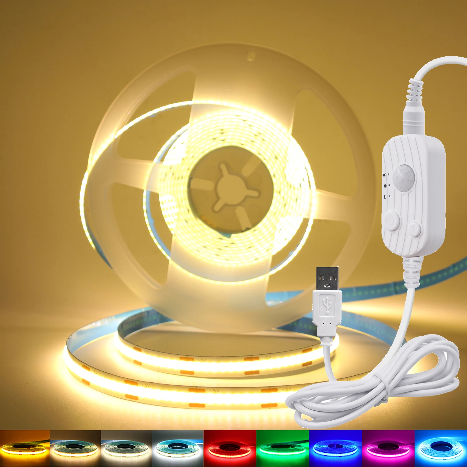 8mm COB LED Strip 5V with USB Motion Sensor 320LEDs/m Led Induction Night Light Flexible Adhesive Tape for Room Decor 9 Colors
