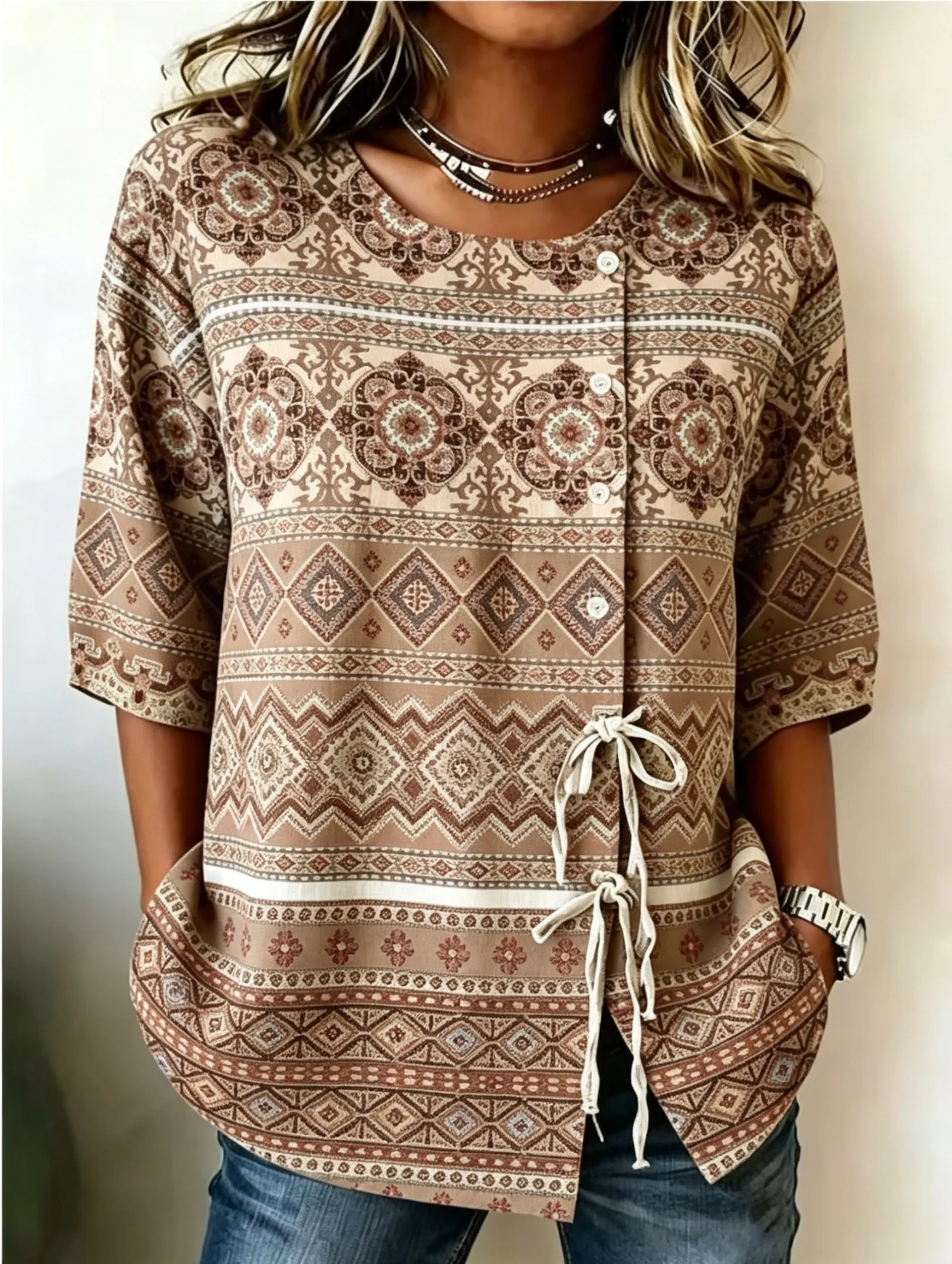 

Women's Spring Summer Drawstring Blouse, Boho Aztec Geometric Print Casual Tops for Daily Street Holiday Dating & Leisure Outfit