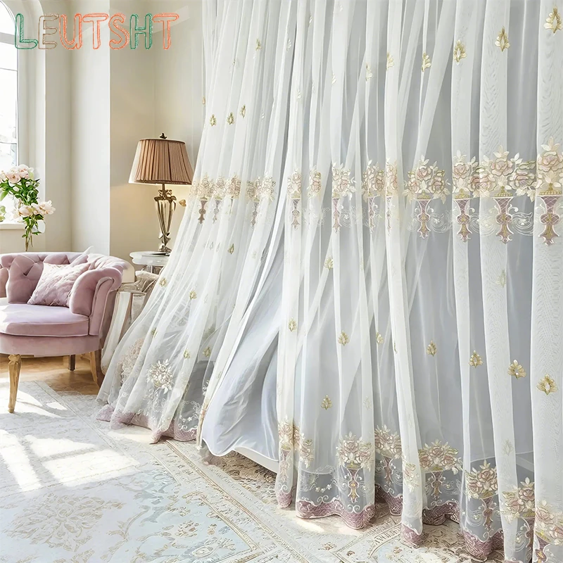 High-end American Style Embroidered Tulle Curtain American Bedroom Living Room Curtains Door Screen Shutter Home Decor