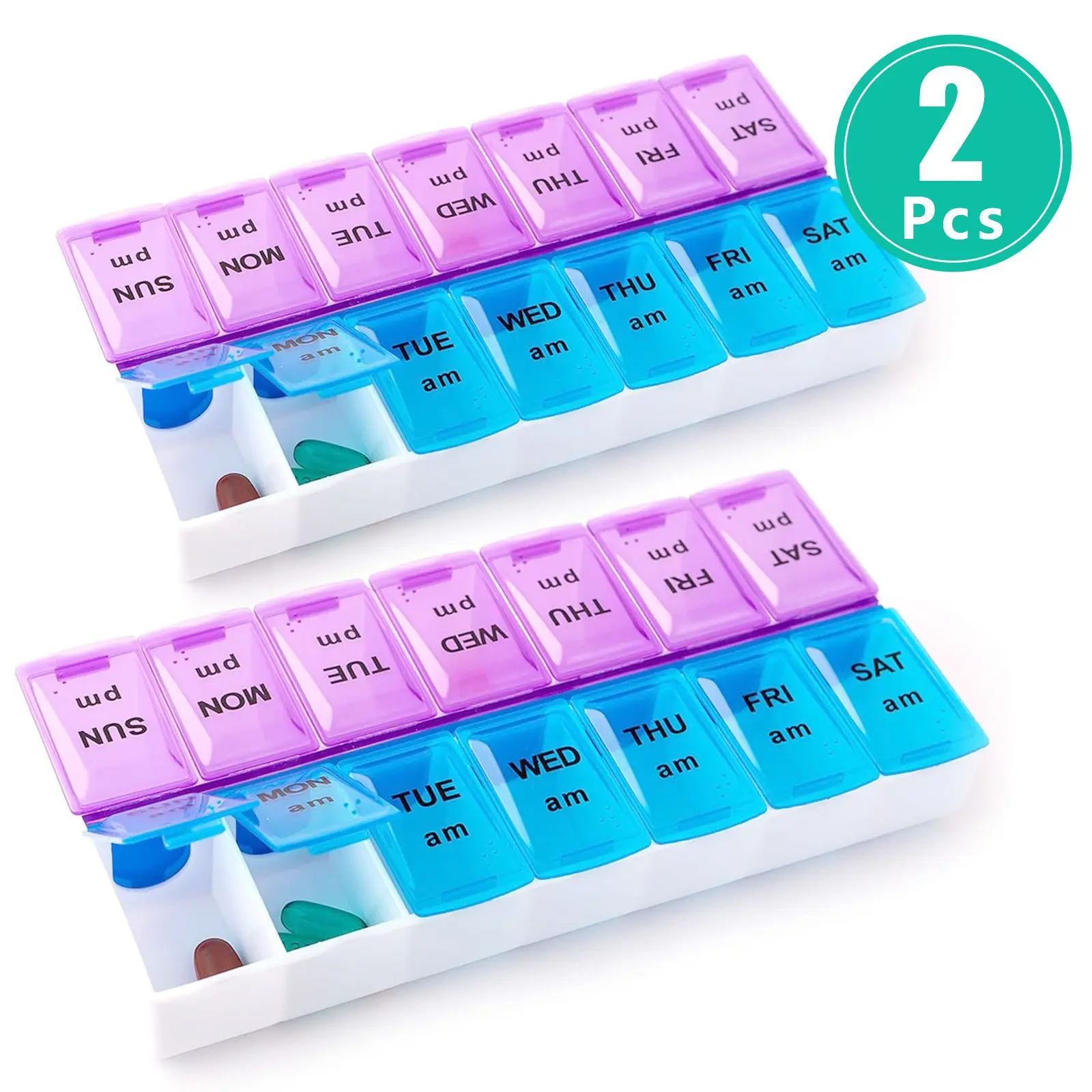 Weekly Pill Organizer 7 Day AM/PM – 2 Pack 14 Compartments Medicine Case, Removable Pill Box with Date Labels, Large Capacity, Durable Tight-Lid Design, Easy To Identify for Daily Medication