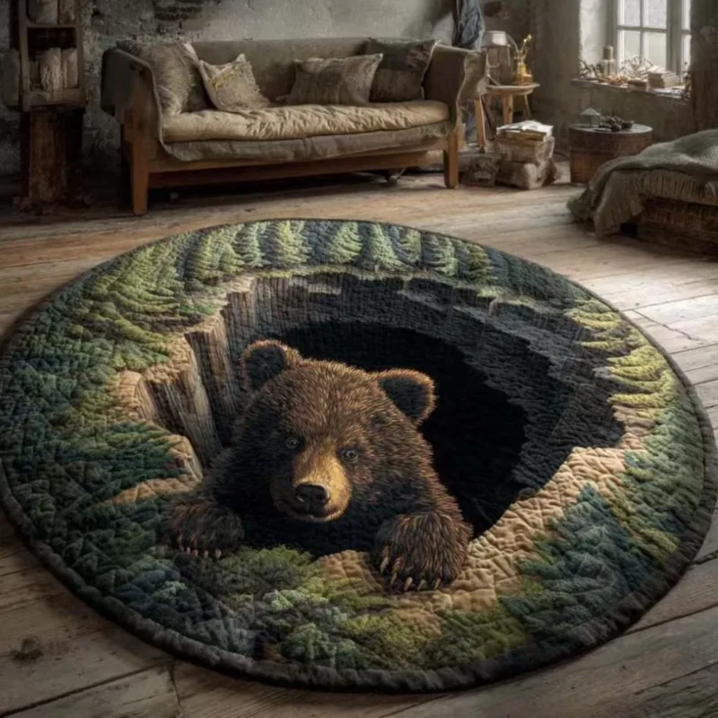 3D Bear Cave Rug Realistic Brown Bear Circle Carpet with Stone Texture An Adventurous & Artistic Floor Piece for Nature Lovers