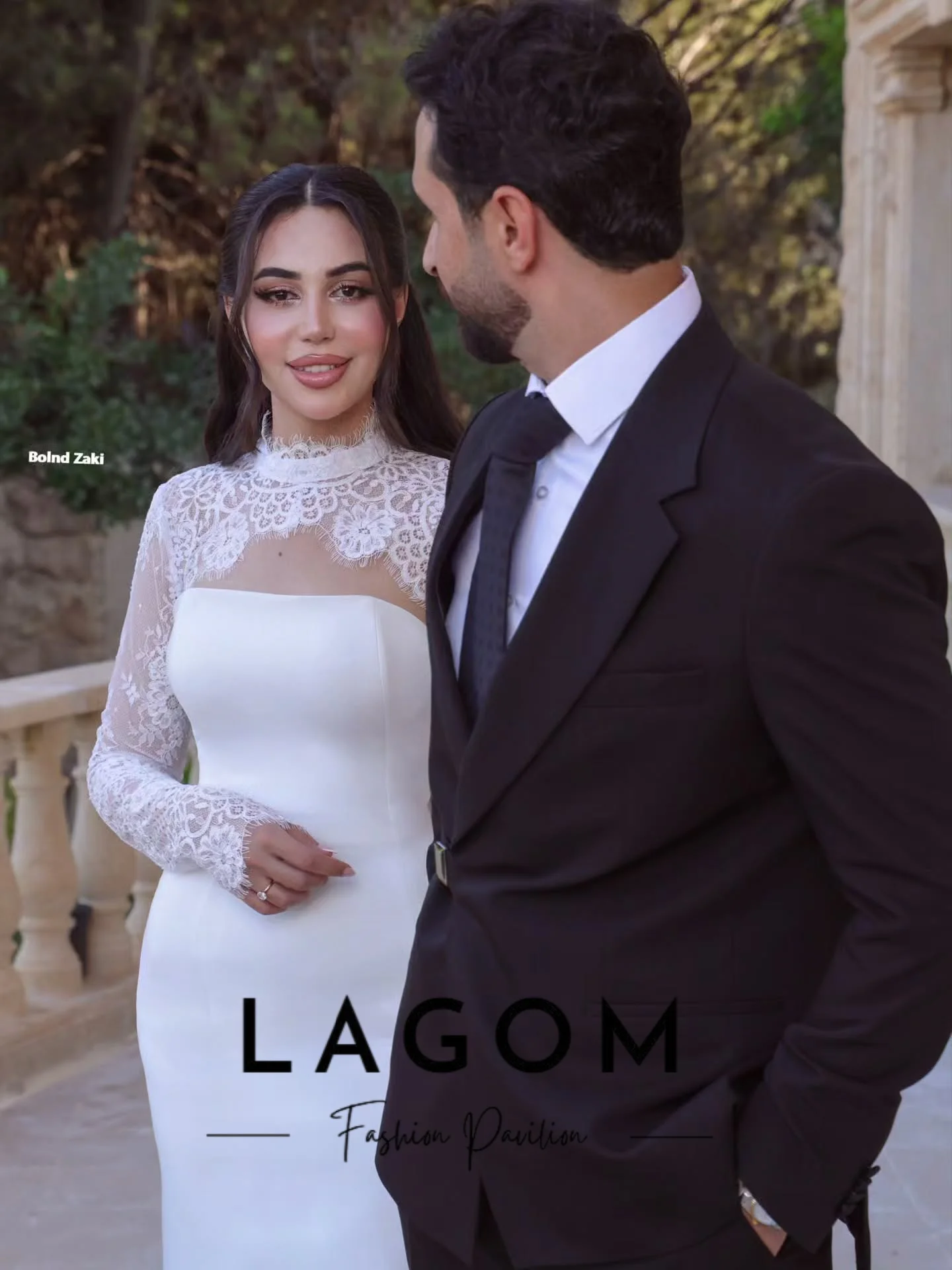Lagom Elegant High Neck Long Lace Sleeve Matte Satin Bridal Gown Detachable Lace Top Wedding Dress Vestido de novia Customized