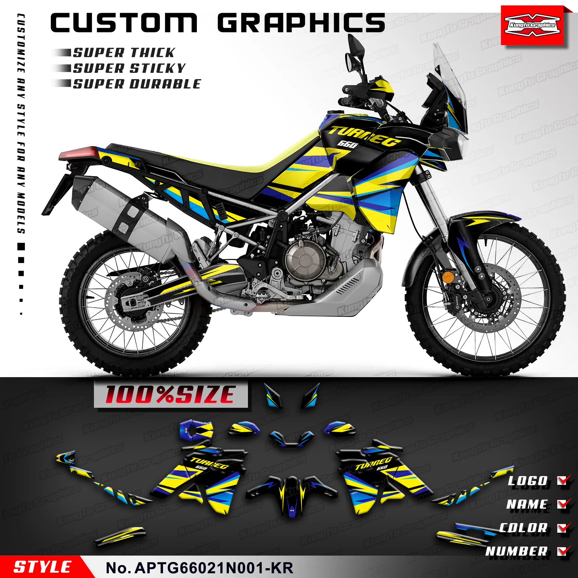 KUNGFU GRAPHICS Waterproof Stickers Motorcycle Decals Set for Aprilia Tuareg 660 2021 2022 2023, Black Yellow, APTG66021N001-KR