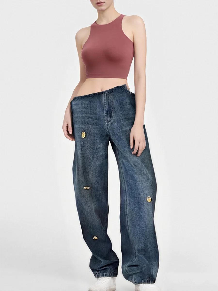 TWOTWINSTYLE Loose Spliced Metal Decoration Versatile Jeans for Women High Waist Casual Wide Leg Jean Female Fashion Clothes New
