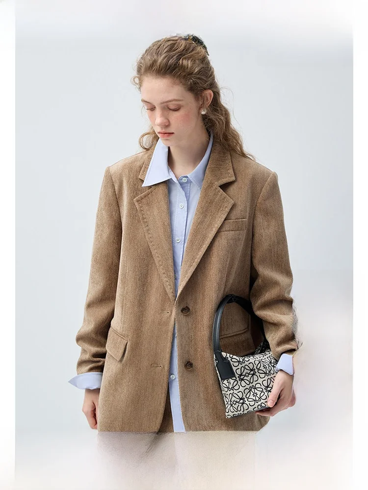 

Теплый костюмный комплект Warm Courtyard Mocha VEGA CHANG с узором «елочка» для женщин, модный наряд для ранней весны, для повседневной носки