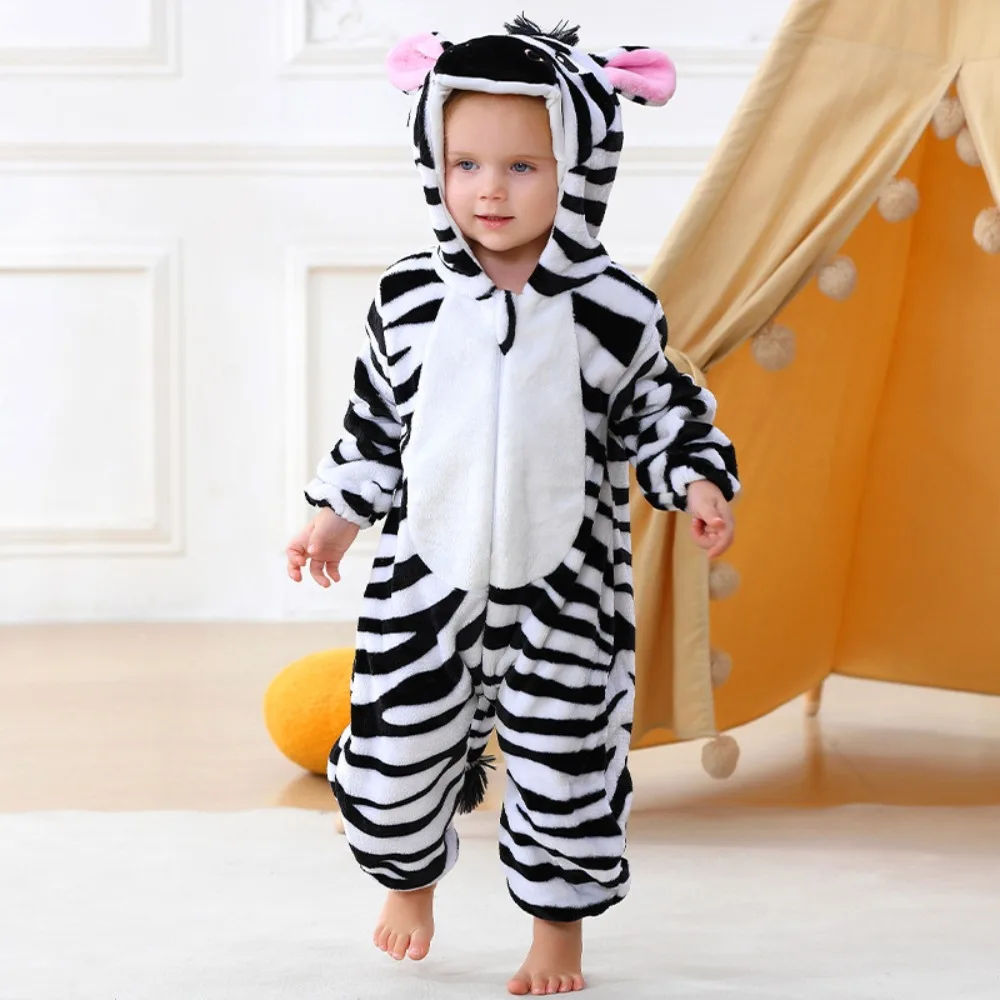 Soft Flannel Baby Hooded Romper Cartoon Animal Full-Coverage Design Infant Jumpsuit Hooded Design Lightweight Toddler Costume