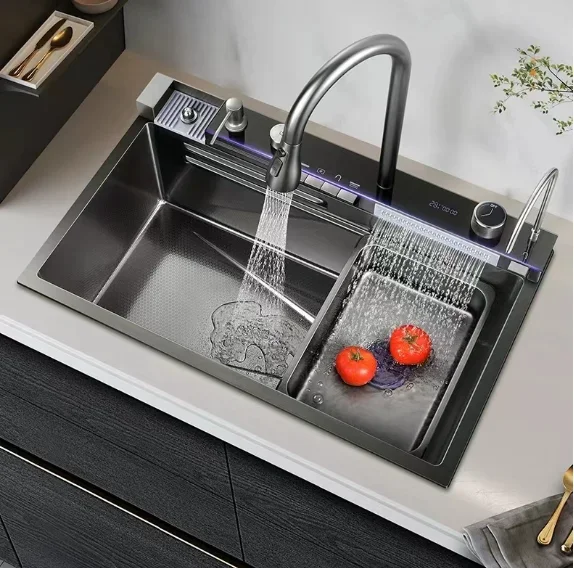 Tiktok Trend 304 SS Multifunctional Automatic Smart Digital Display Waterfall Faucet Farmhouse Above Counter Kitchen Sink