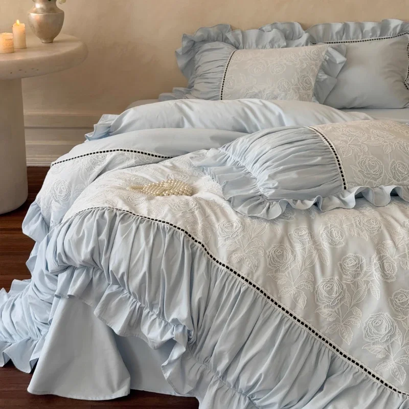 French romantic girl cotton polished four-piece set of pure cotton niche hollow rose quilt cover bedding