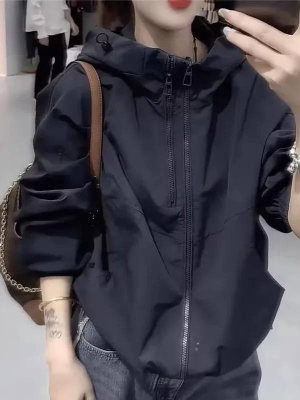 Women's Sporty Zip-Up Hooded Jacket Double Zipper Short Coat Casual Spring Autumn Fashion Windproof Small Size Friendly
