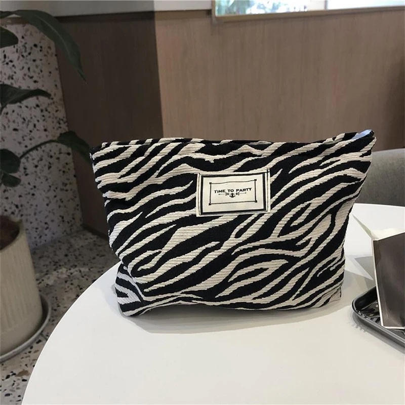 Large Women Zebra Pattern Cosmetic Bag Canvas Zipper Make Up Bag Travel Washing Makeup Organizer Storage Clutch Beauty Case