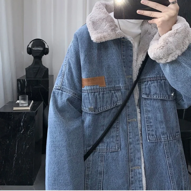Men's Winter Shearling-Lined Denim Jacket Casual Vintage Oversized Fleece Jacket Warm Soft