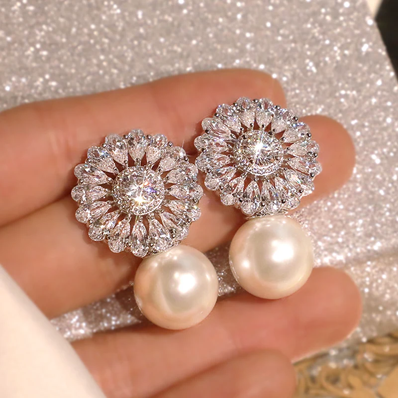 Huitan Elegant Bridal Wedding Earrings Luxury AAA Cubic Zircon Imitation Pearl Romantic Female Party Fashion Stud Earrings Women