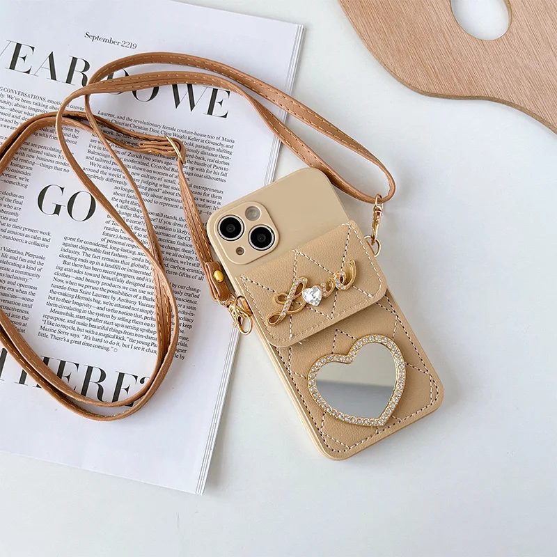 Crossbody Cord Makeup Mirror Card Phone Case For iPhone 15 14 13 12 11 All-inclusive Fall Proof Cute Girl Phone Case