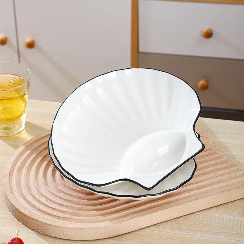 2Pcs 8‑Inch White Shell Divided Dinner Plates,Underglaze‑Color Japanese‑Style Ceramic Dumpling Plates for Home Kitchen Tableware