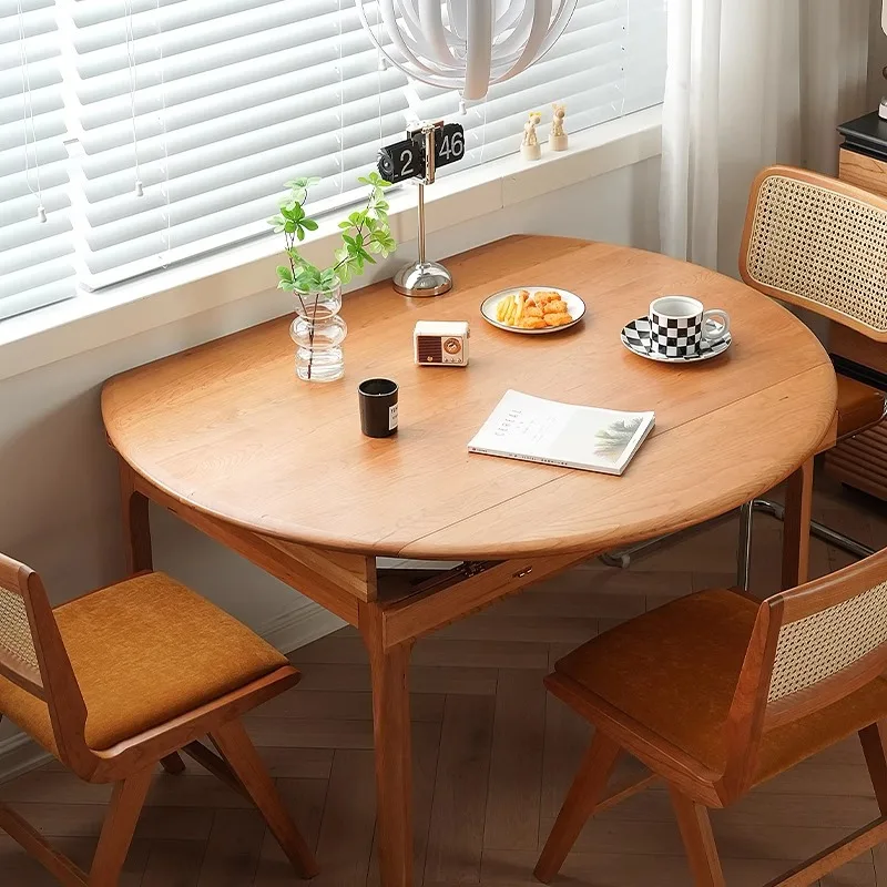 

Nordic cherry wood solid wood stretch dining table small apartment folding telescopic round table dining table