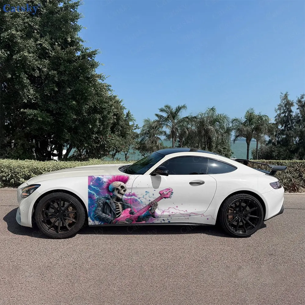 Electric Splatter Punk Skeleton Car Side Wraps, Self-Adhesive PVC Waterproof & Scratch-Resistant Stickers, Car Accessory Gift