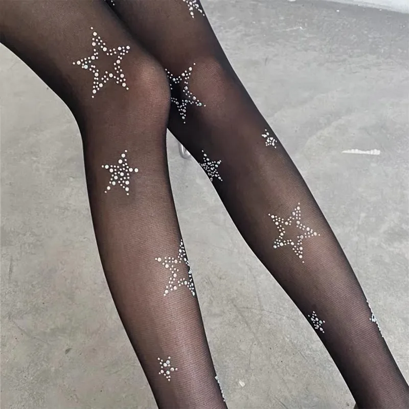 Cute Women Tights Silver Star Print Pantyhose Women Girl Japanese Mesh Transparent Pantyhose Bow Star Tights Stockings JK Lolita