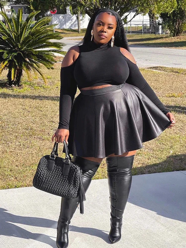 Women Plus Size Matte Leather Flare Skirts 7XL High Waist PU Pleated Skirt 8XL Ladies Elegant A-line Skirt 9XL Streetwear Custom