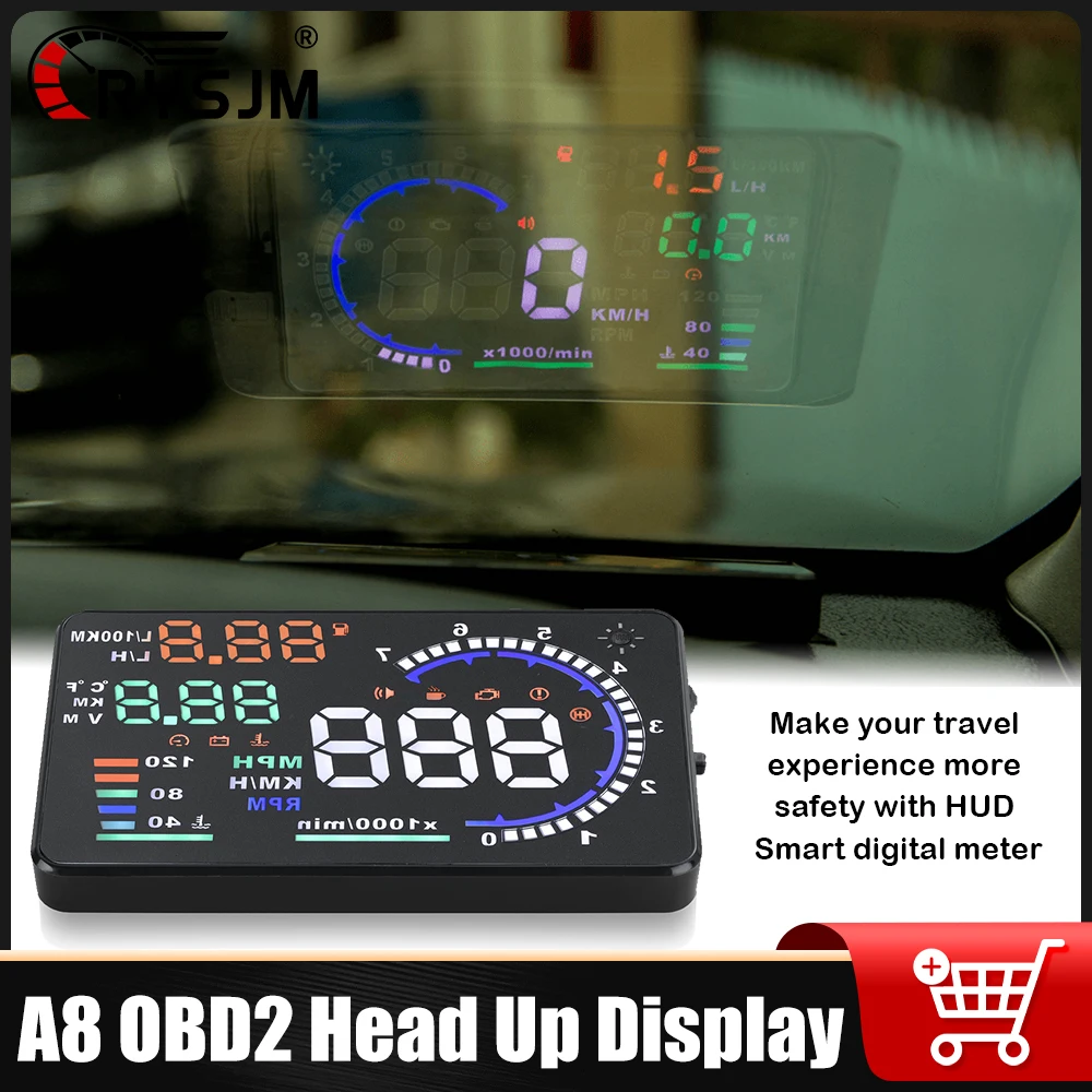 

RYSJM A8 OBD2 HUD Car Head Up Display Digital Speedometer Tachometer Windshield Projector Display Water Temp RPM With Alarm OBD