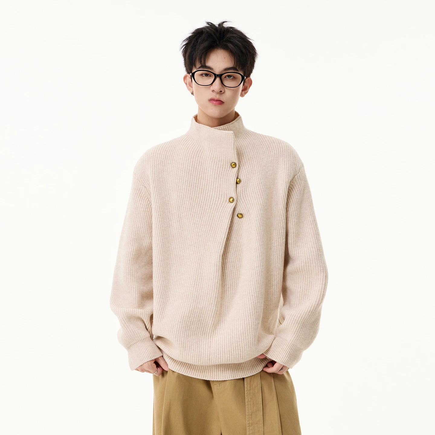 Autumn Winter New Men's Button Design Half High Collar Black Red Knitted Sweater Men's Loose Casual Light Gray White Sweater