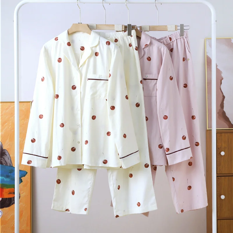 Kuzuwata 2024 Spring Soft Pijamas Women Cherry Print  New Long Sleeve Tops + Casual Loose Pants Home Suit Breathable Sleepwear