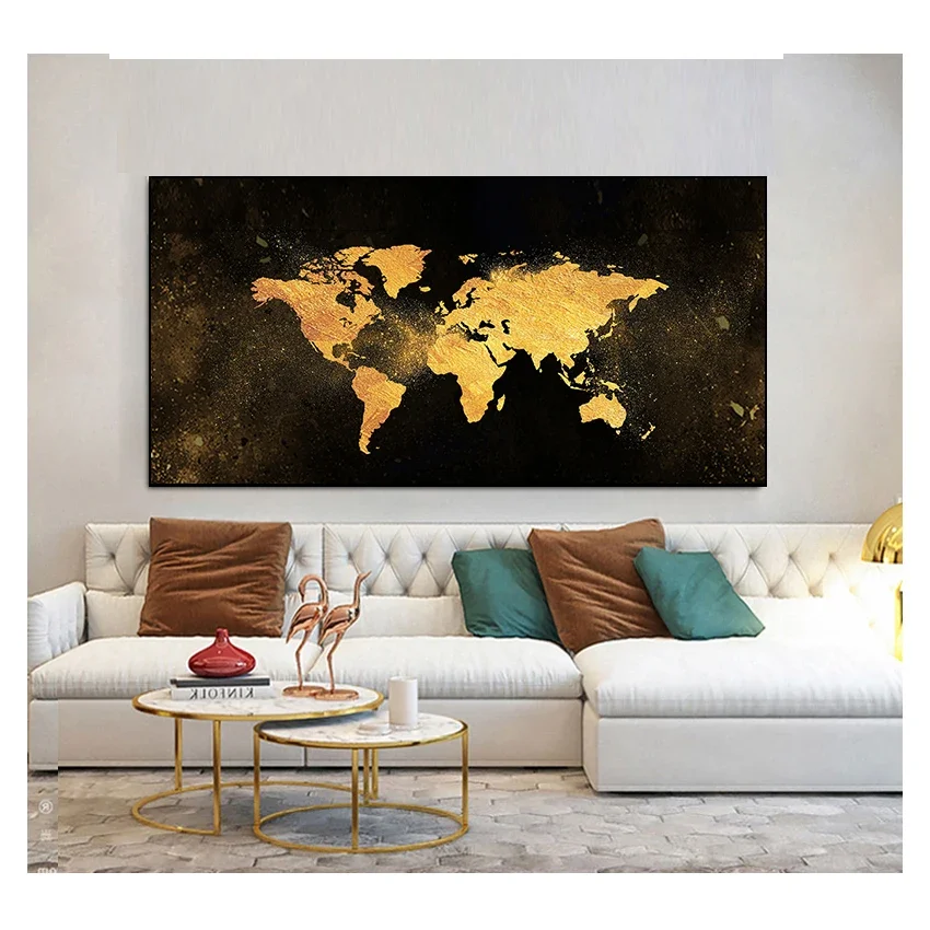 canvas painting poster and printed Nordic Fresco picture room decoration Abstract black gold world map