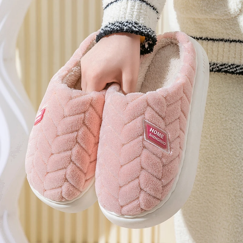 New Fashion Concise Couple Winter Toe Wrap Warm Fluffy Slippers Soft Non-slip Slides For Women Men Indoor Flat Home Cotton Shoes