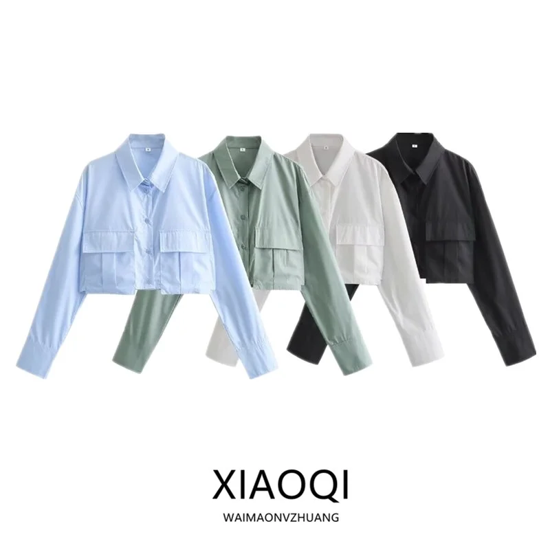 

Spring 2024 Women's Versatile Design Collared Loose ort Length ket Decorated irt Straight Cut Long Sve Faionable