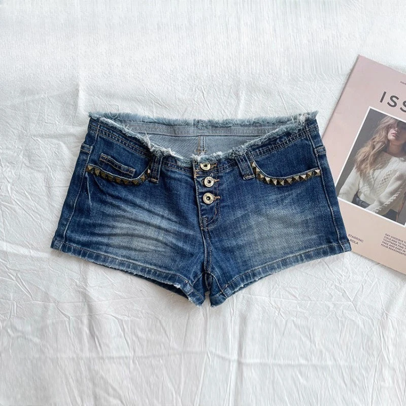 New Y2K Harajuku Fashion Denim Shorts Female Retro Slim Rivet Trimmed Jean Shorts Spicy Girls Leisure Streetwear Summer Hot Pant view 6