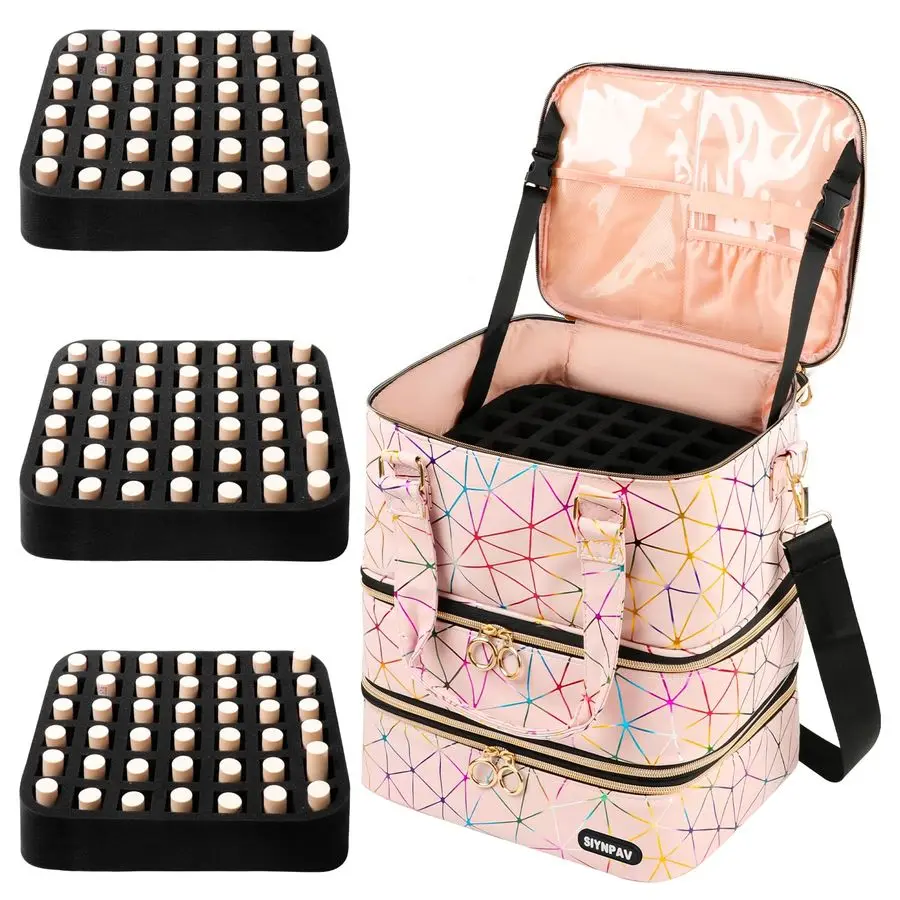 

Polish Organizer Bag Holds 126 Bottles 15ml 0.5fl.ozamp Nail Lamp, 3 Layers Detachable Nail Kit Storage Case PU Leather, Large T