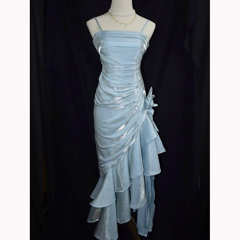 

Iridescent Glass Satin Women Dress Blue-White Ombre Vintage Floral Asymmetrical Hem Prom Gown Sleeveless Strapless Evening Dress