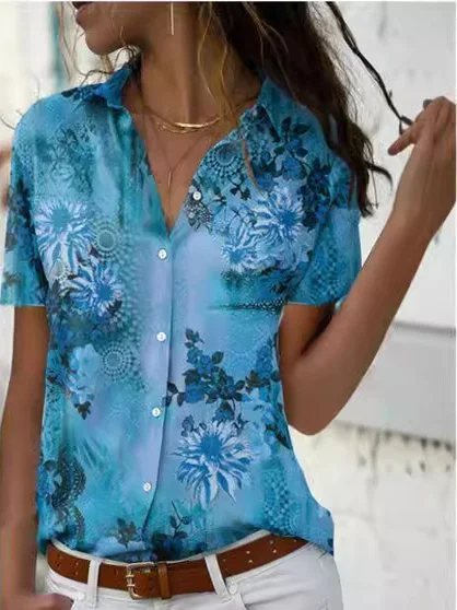 Faionable Impreso Slim Fit ort Sve irt Mujer Cuello vuelto Fibra de poliéster Commute Sle Producción china