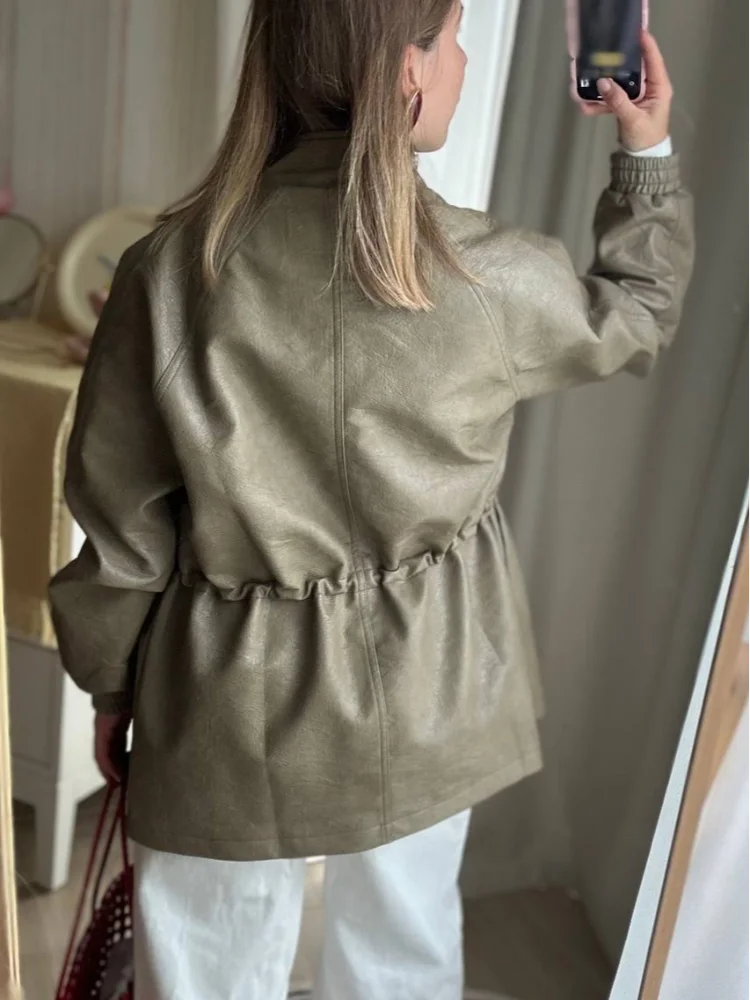 Giacca in pelle Pu autunno inverno per donna Cappotto in vita regolabile elastico a maniche lunghe solido 2025 Capispalla casual moda nuova signora