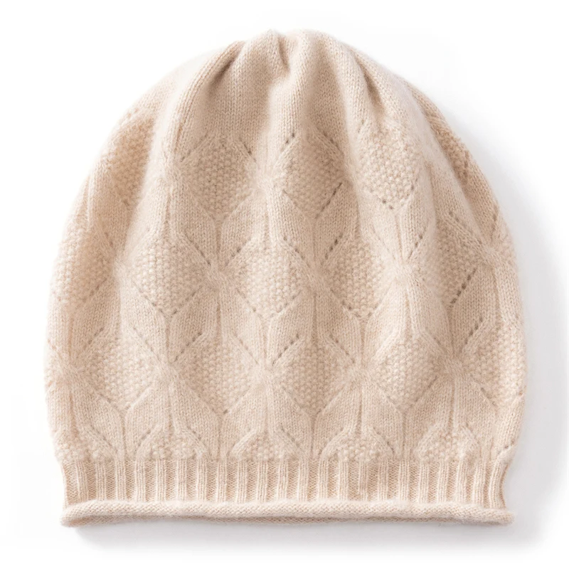 Autumn and Winter Women's 100% Cashmere Knitted Bean Hat Solid Color Jacquard Hollow Edged Outdoor Warm Ear Protection Hat