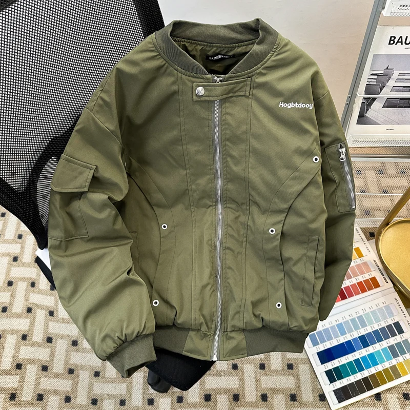 Winter Cotton Padded Baseball Jacket For Men Multi Pocket Spliced Thicken Coat American Casual Fashion Loose Warm Jackets