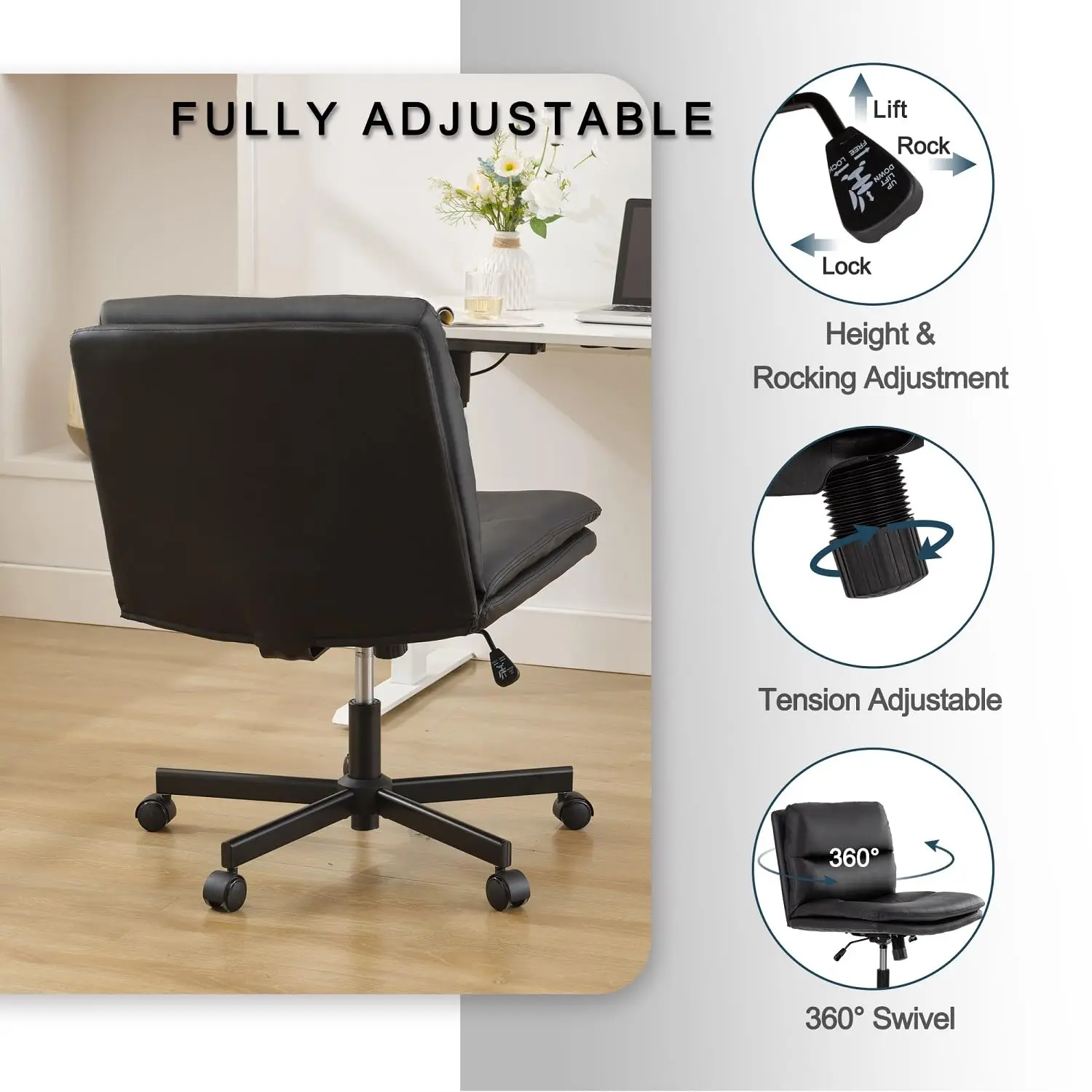 Cross Legged Chair with Wheels, Armless Wide Seat PU Leather Height Adjustable Swivel Desk Chair Home Office, Customized