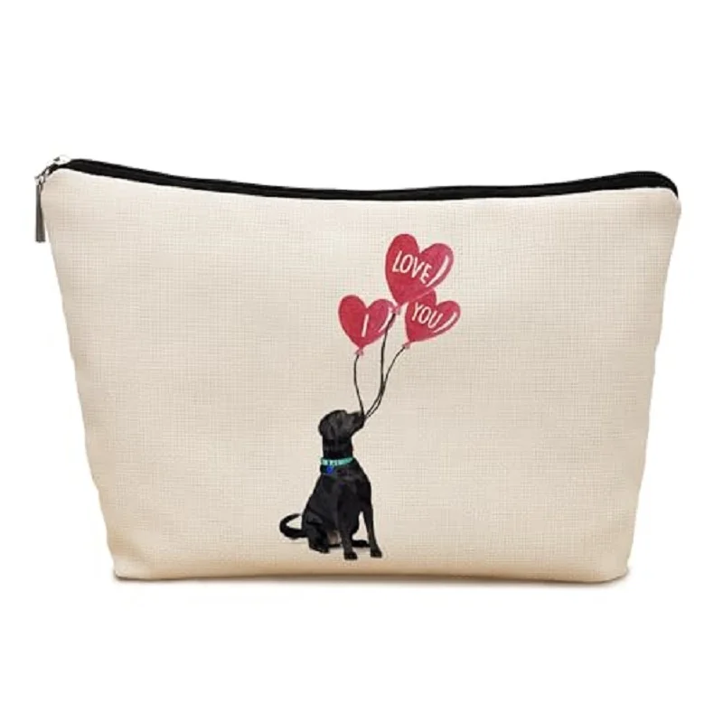 Black Dog Love Heart Balloon Makeup Bag I Love You Print Cosmetic Pouch Women Travel Zipper Toiletry Storage Bag