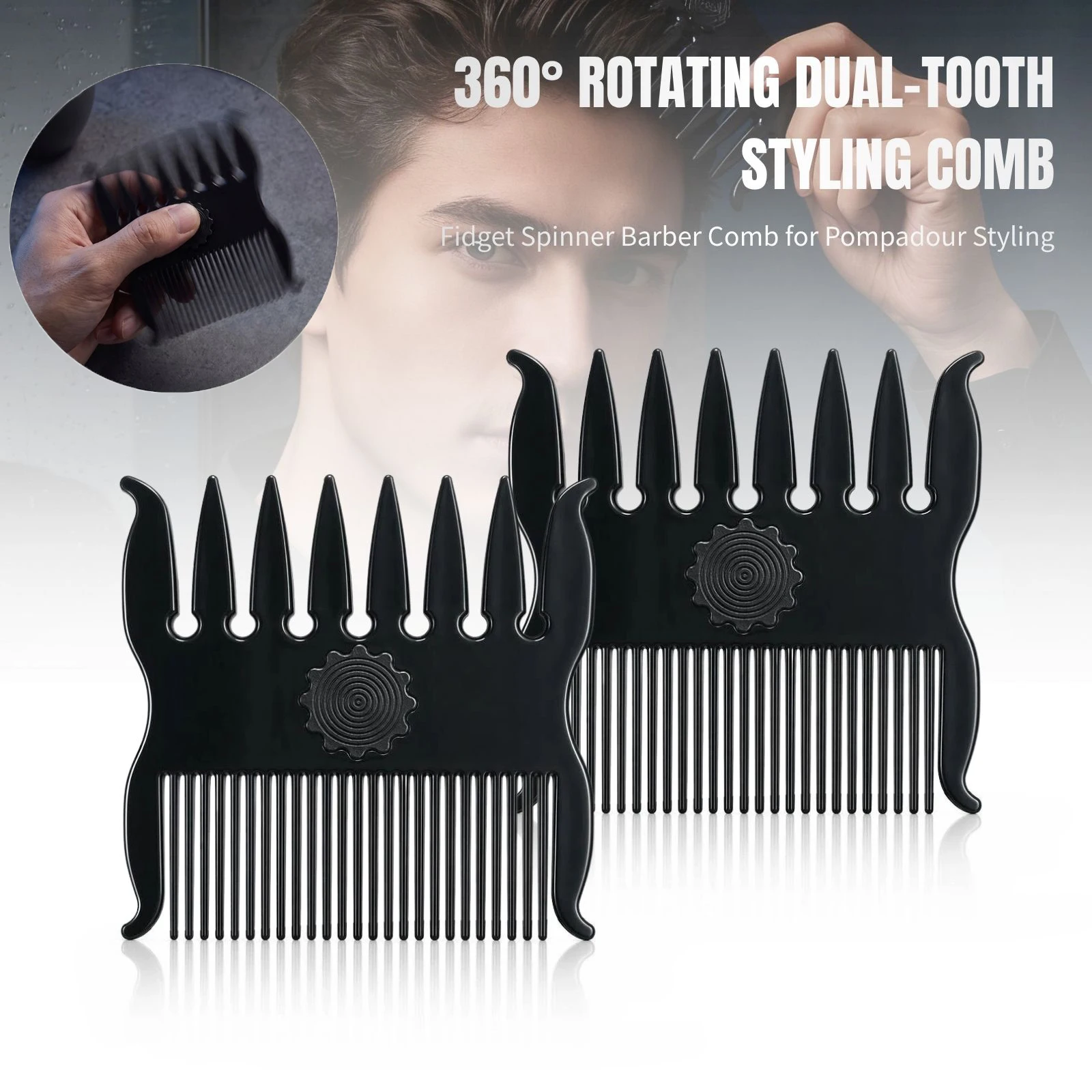 1pc 360°Rotating Dual‑Tooth Barber Comb Wide Tooth Oil‑Head Pompadour Texture Styling Comb Portable Men Daily Grooming Hair Tool