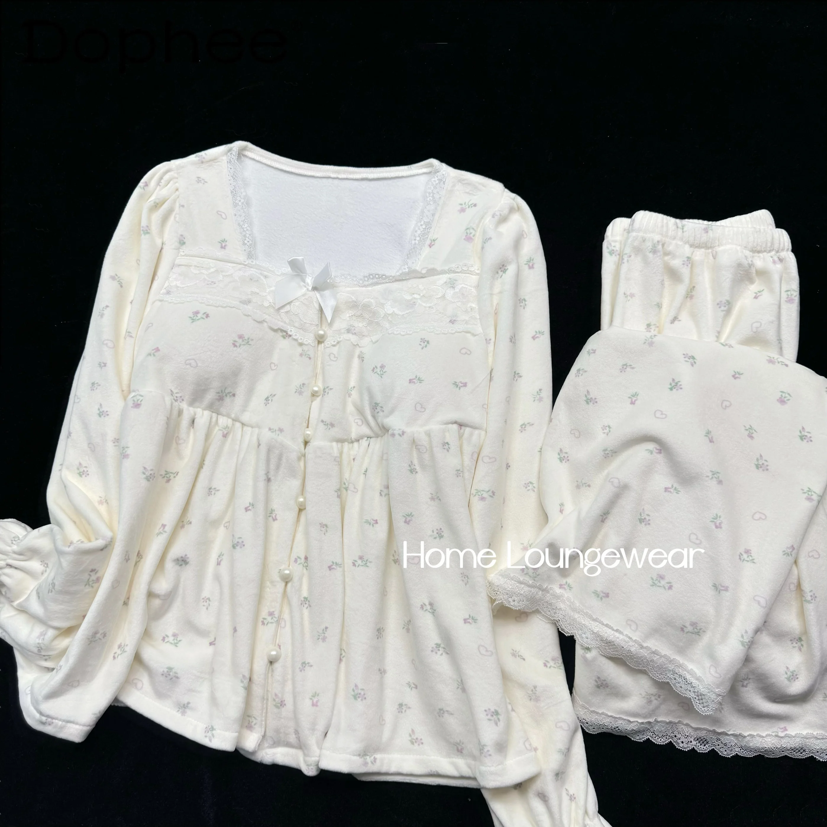 

Autumn Winter New Fluffy Square Neck Floral Lace Long-sleeved Pajamas Sweet and Cute Girl Casual Loungewear with Chest Pad Set