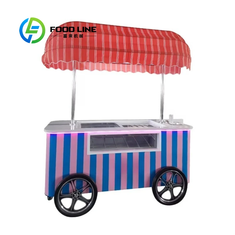 

Customized Mobile Italian Ice Cream Hand Push Cart With Display Freezer Commercial Gelato Vending Stand
