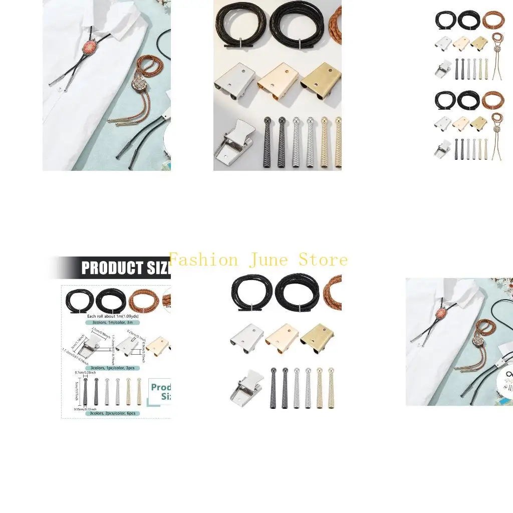 N5KA Braided Cord Bolo Tie with Metal End Fittings, Slide Clasp and Matching Tips, Three Color Parts Set for DIY Neckwear