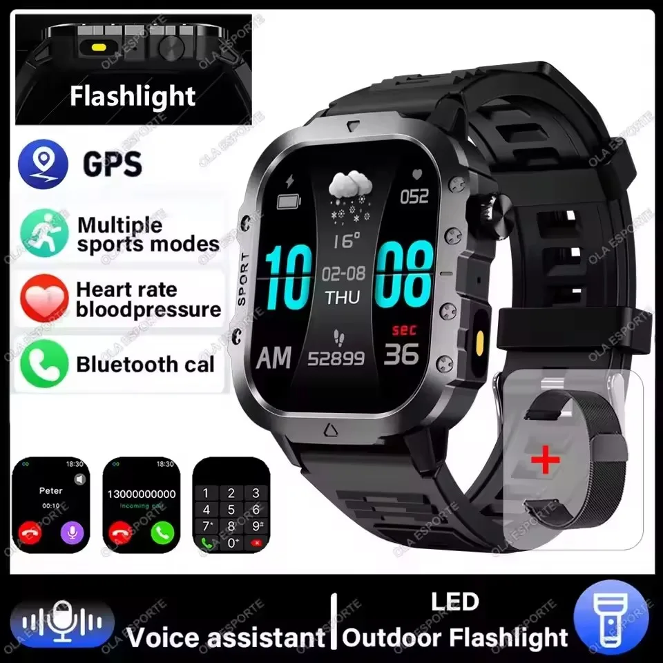 2026 Nieuwe Militaire Outdoor Smart Horloge Heren GPS Zaklamp Bluetooth Oproep 2.01 "AMOLED Scherm 3ATM Waterdichte Sport Smartwatch